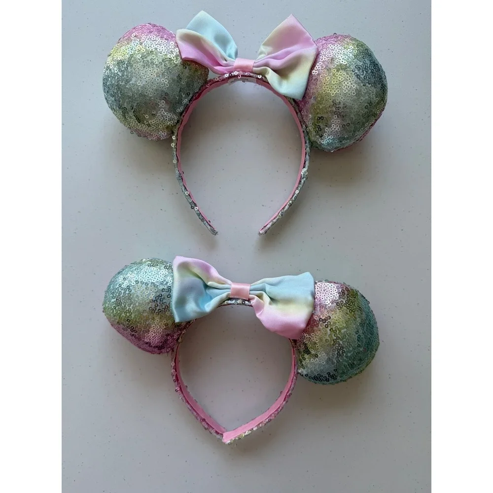 Set of 2 Disney Park Minnie Mouse Disney Ears Headband Sequined Pink Green Bow
